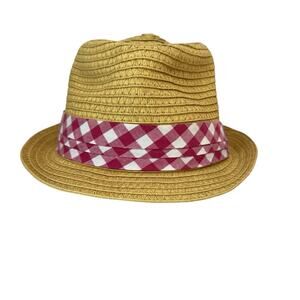 OAKLEY Hat Womens Straw Fedora Pink Gingham Plaid Band Spring Summer Vacation